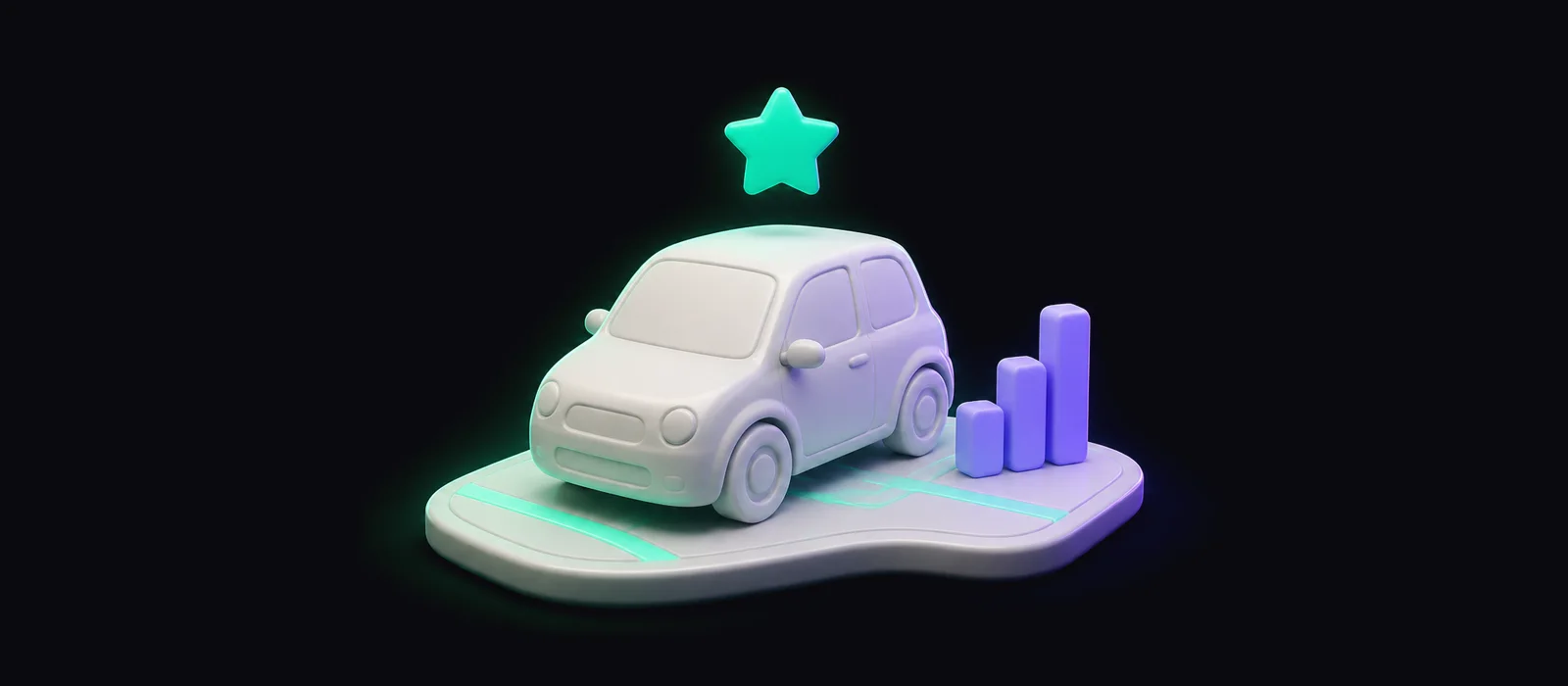 3D-иллюстрация: автомобиль на фрагменте карты, мятная звезда рейтинга и растущие столбцы