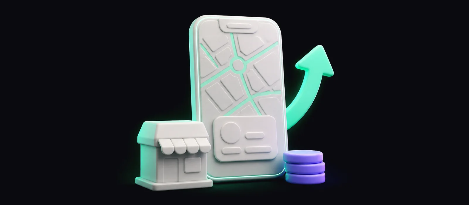 3D-иллюстрация: смартфон с картой и карточкой бизнеса, витрина, стрелка роста и монеты